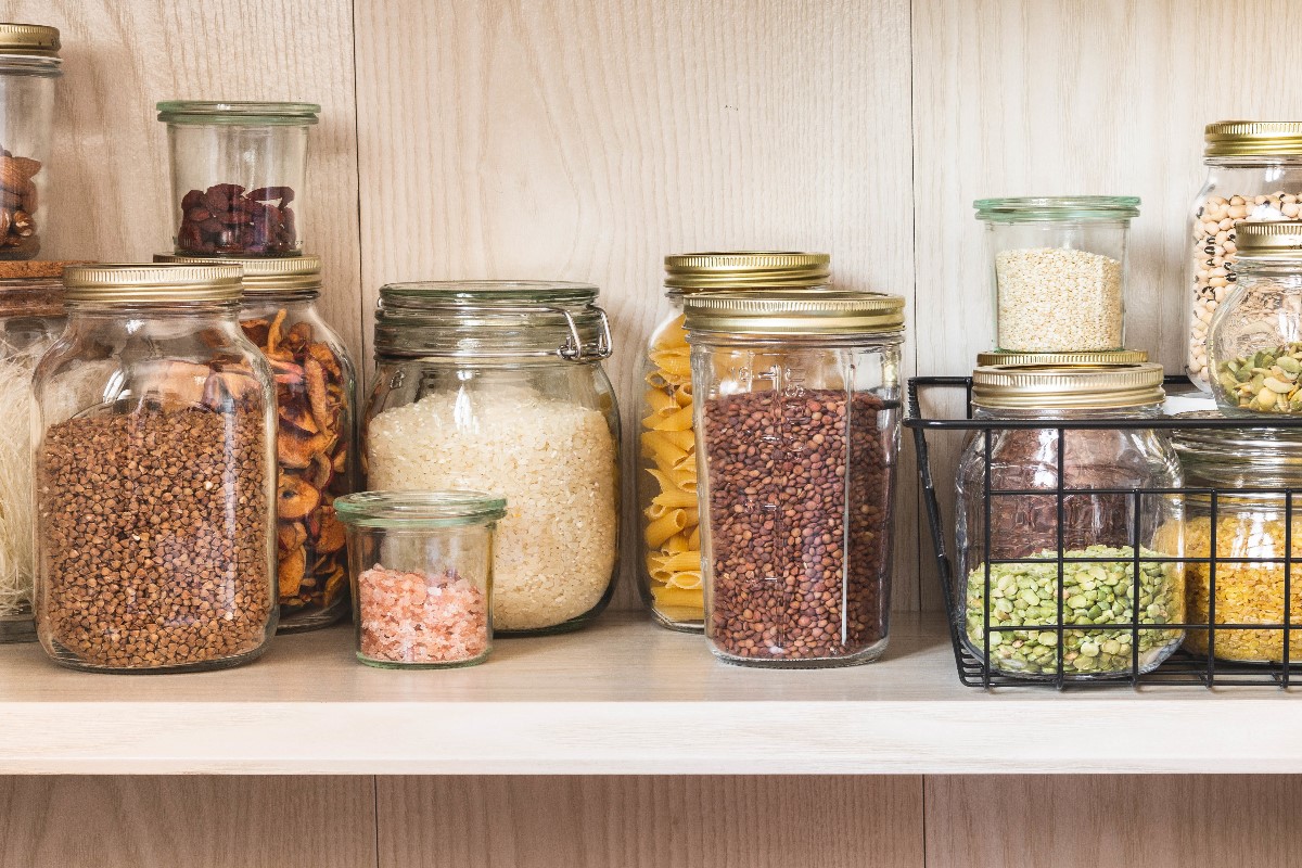shelf in kitchen with cereal seeds