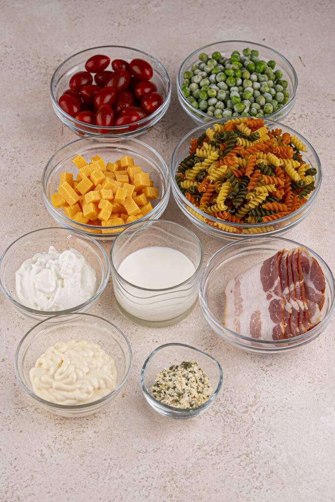 Bacon Ranch Pasta Salad ingredients