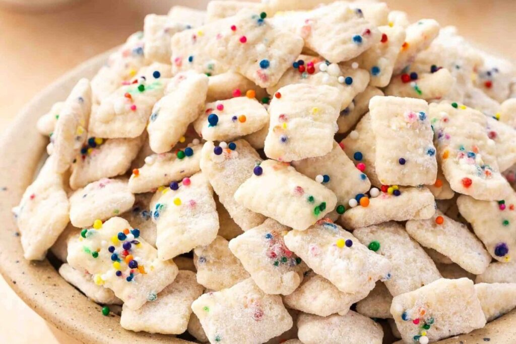 Cake Batter Puppy Chow by Hungry Whisk