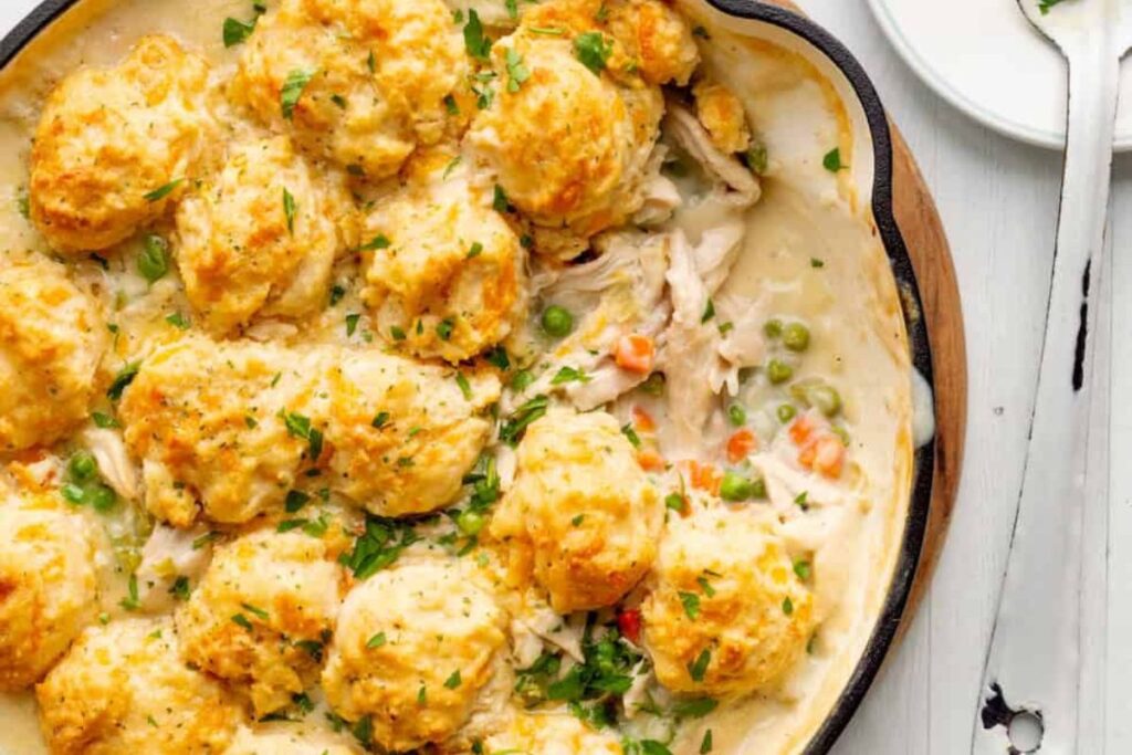 Chicken Cobbler with Red Lobster Cheddar Biscuit Topping by Little Black Skillet