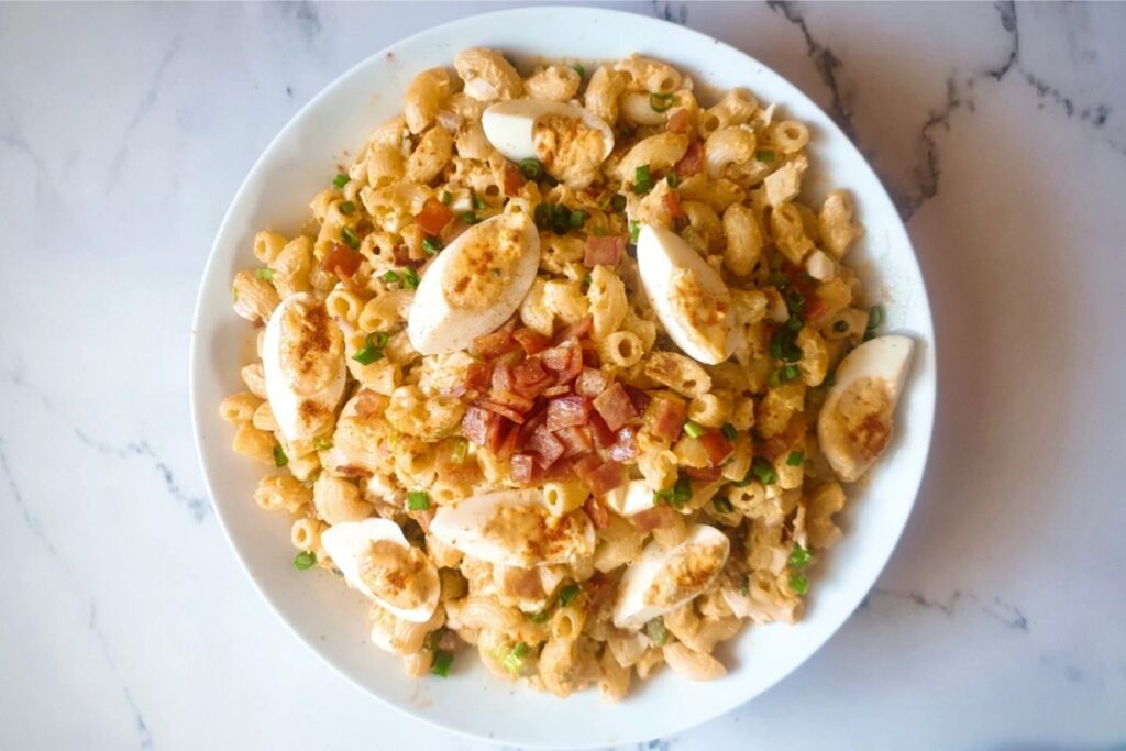 Deviled Egg Macaroni Salad with Bacon by The Buttery Fairytale