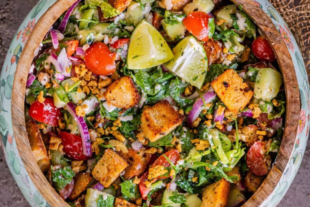 Easy Vegan Cucumber Tomato and Feta Salad with Croutons by Cookilicious