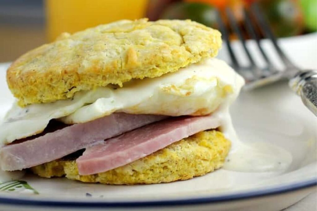 Ham Egg and Dijon Gravy over Butternut Squash Biscuits by Ericas Recipes