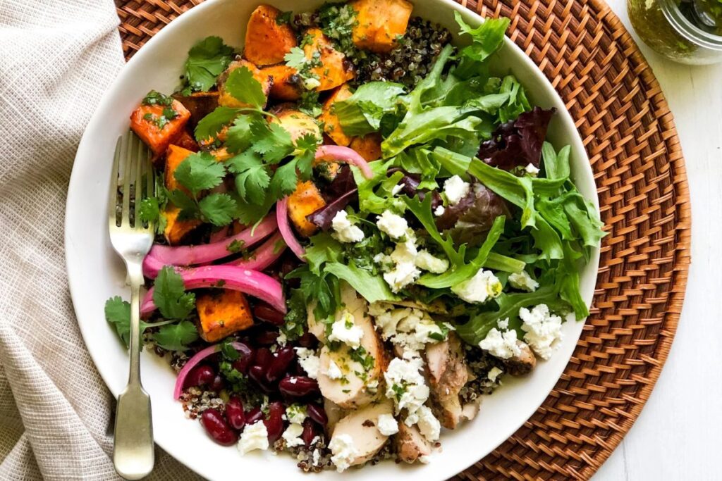 Harvest Sweet Potato and Quinoa Bowls with Chicken by Little Black Skillet