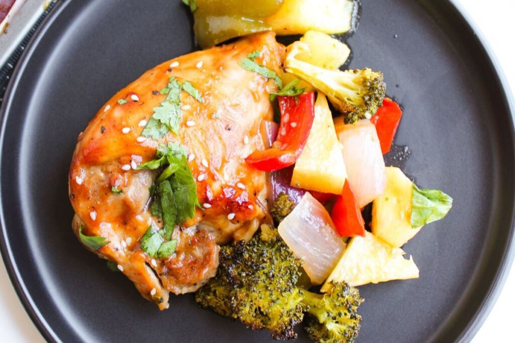 Healthy Summer Dinner Ideas Sheet Pan Hawaiian Chicken by Fit As A Mama Bear