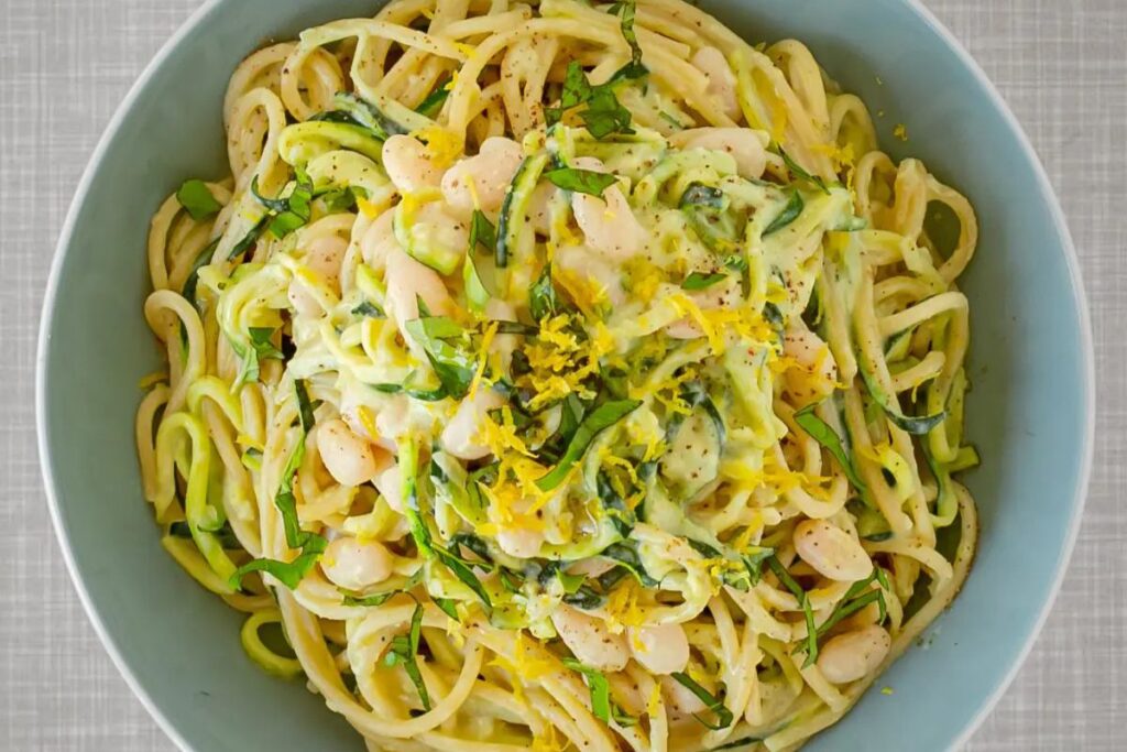 Lemon Zucchini Pasta with Beans by Plant Based Red Head