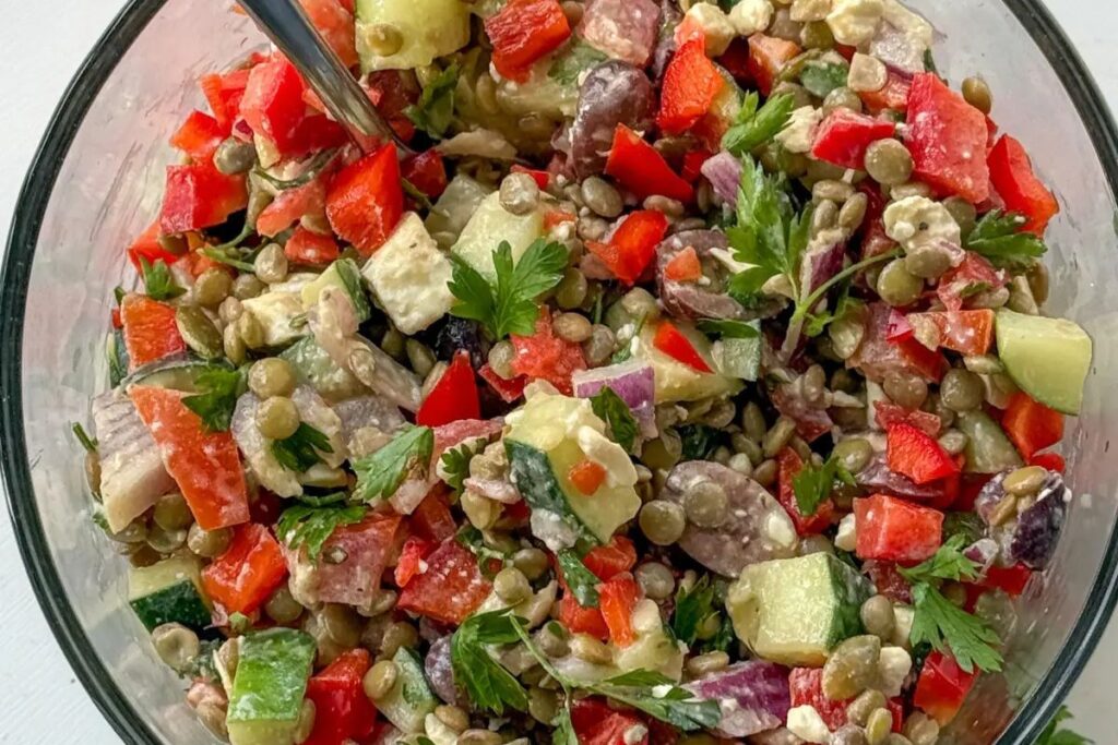 Lentil Salad with Nooch Dressing by Moderately Messy RD