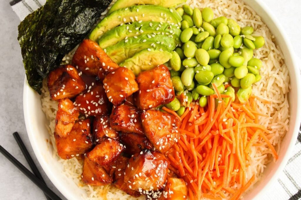 Poke Bowl With Air Fryer Salmon by Fit As A Mama Bear