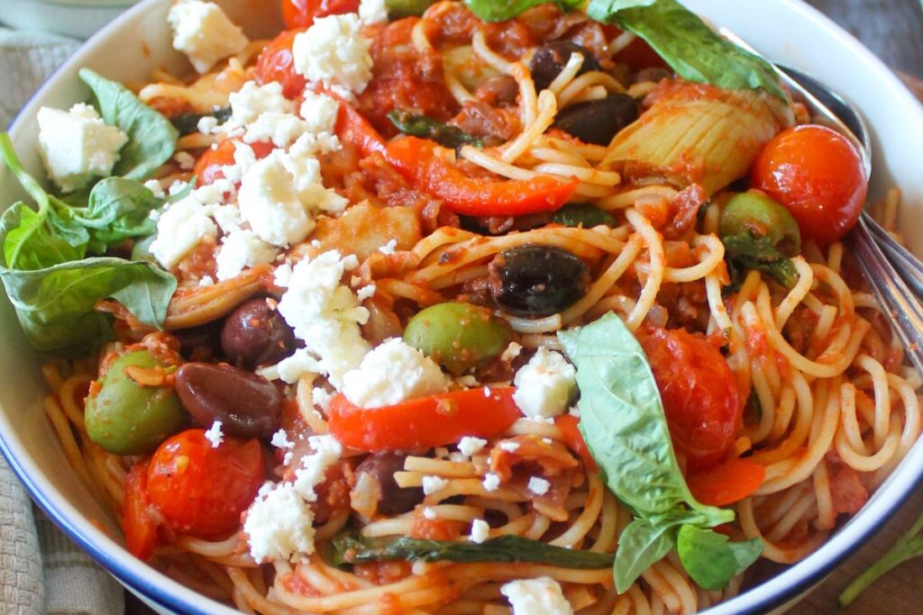 Prosciutto Pasta with Artichokes and Olives by Sungrown Kitchen