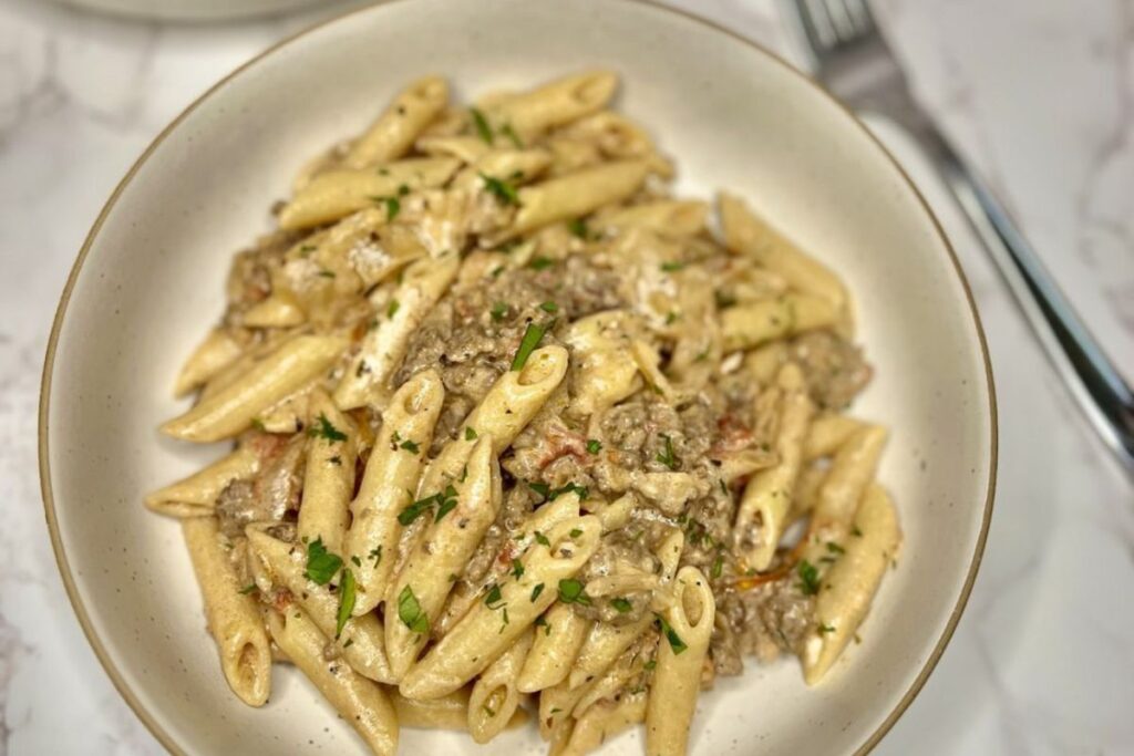Beefy French Onion Pasta by The Wholesome Spoon