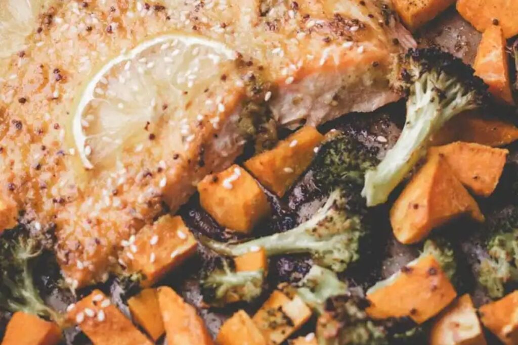 Sheet Pan Honey Salmon with Sweet Potatoes and Broccoli by When Salty and Sweet Unite
