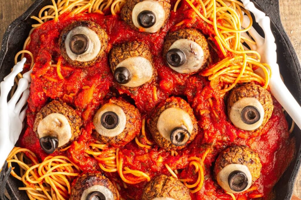 Spooky Halloween Spaghetti and Eyeballs by ooh la la its vegan