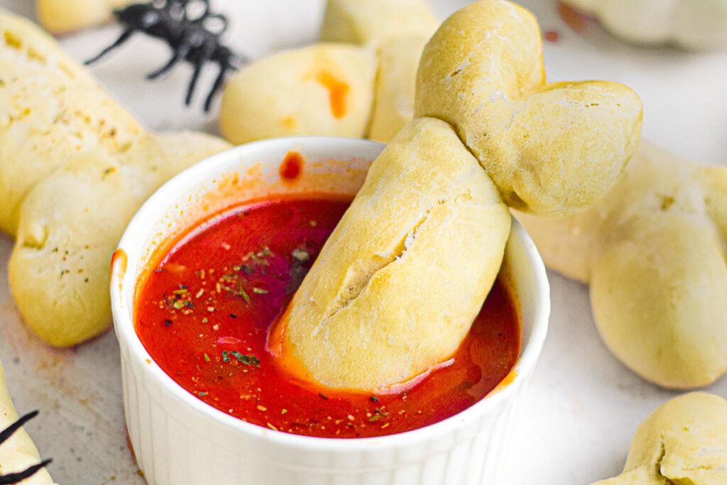 Halloween Breadsticks Bones With Blood by On My Kids Plate