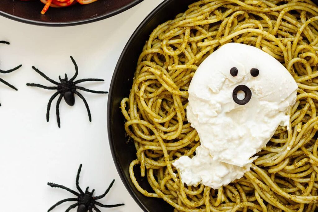 Halloween Spaghetti with Burrata Ghosts by Maple and Mango