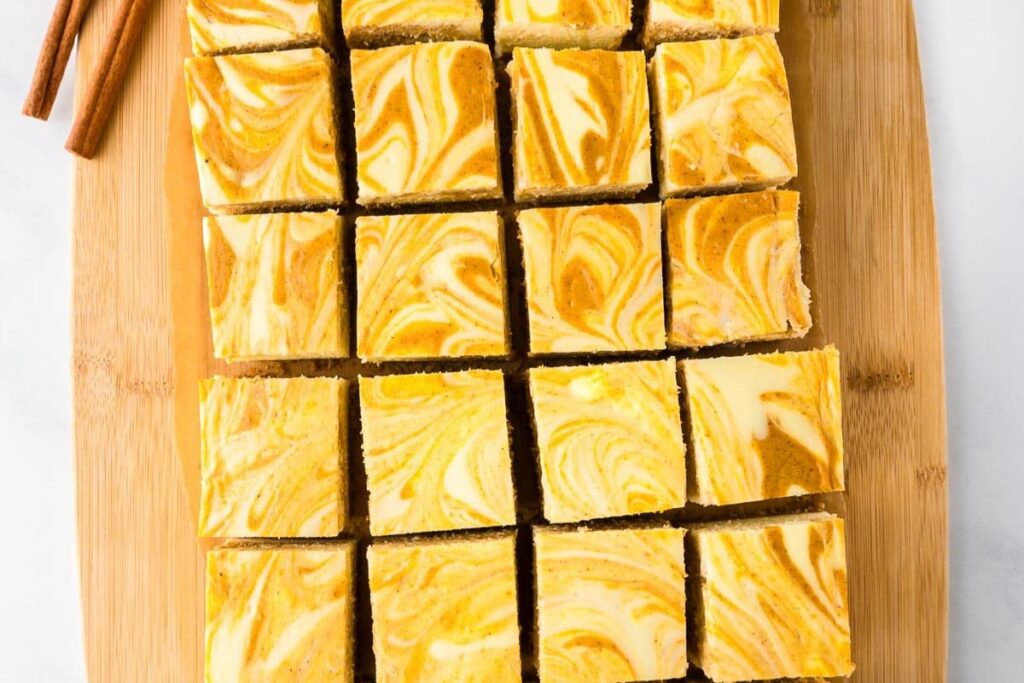 Pumpkin Swirl Cheesecake Bars by On My Kids Plate