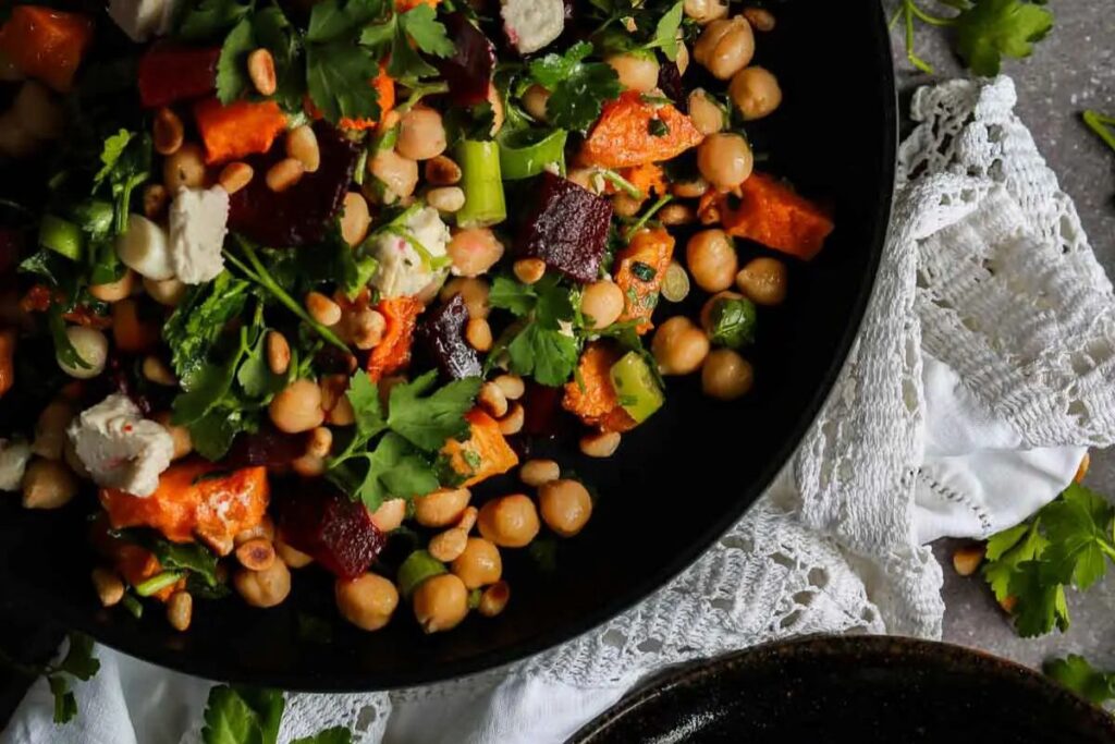 Roast Beetroot and Pumpkin Salad with Chickpeas by The Vegan Larder