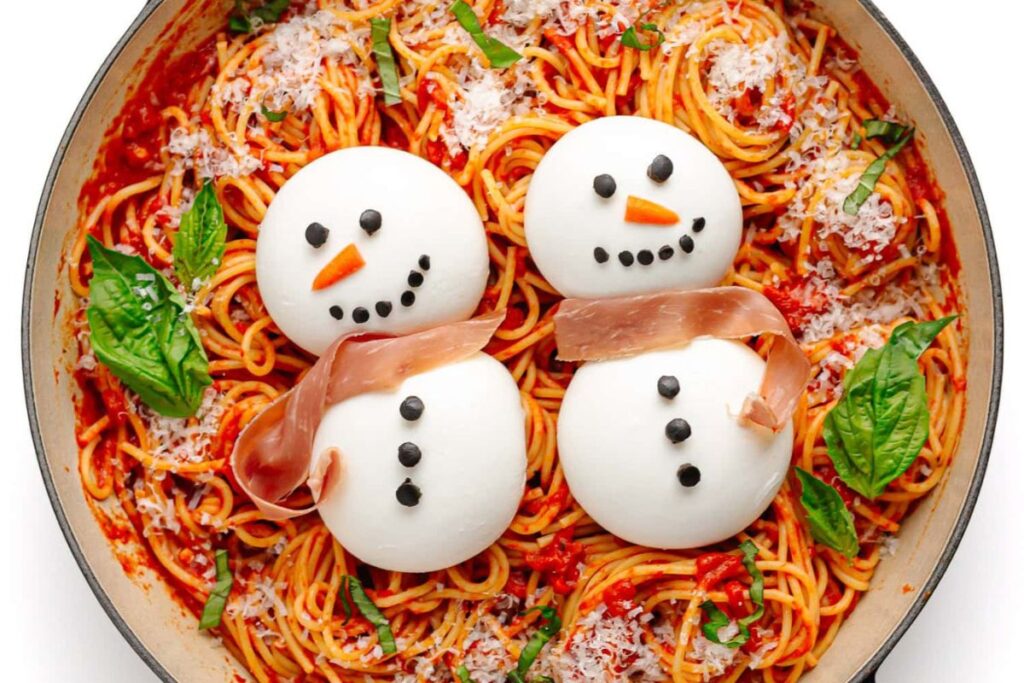 Easy Christmas Pasta with Burrata Snowmen by Maple and Mango