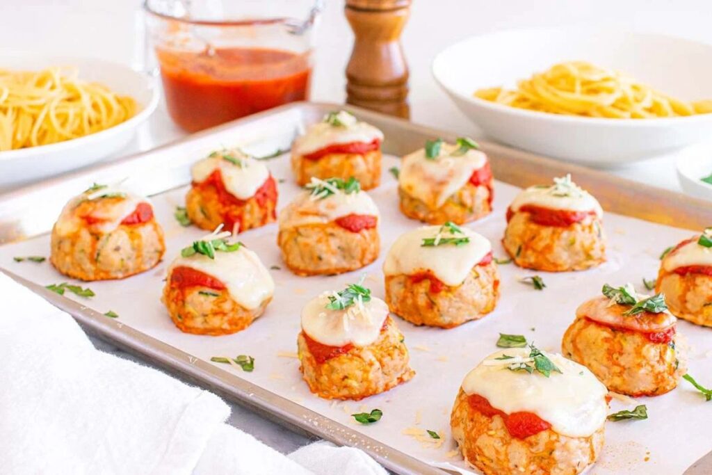 Sheet Pan Chicken Parmesan Meatballs by xoxoBella
