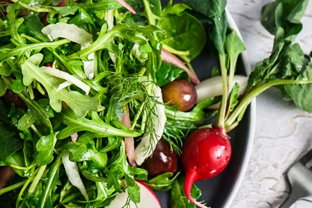 Arugula Spinach Salad With Quick Pickled Onions by Sabrina Currie