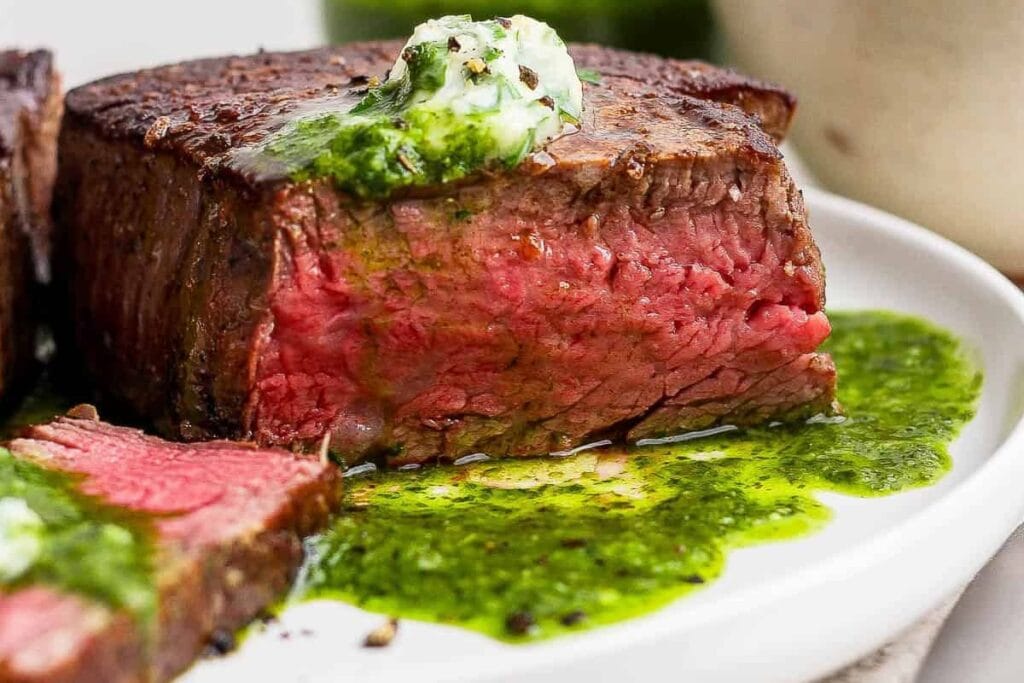 Cast Iron Skillet Filet Mignon with Chimichurri by The Wooden Skillet