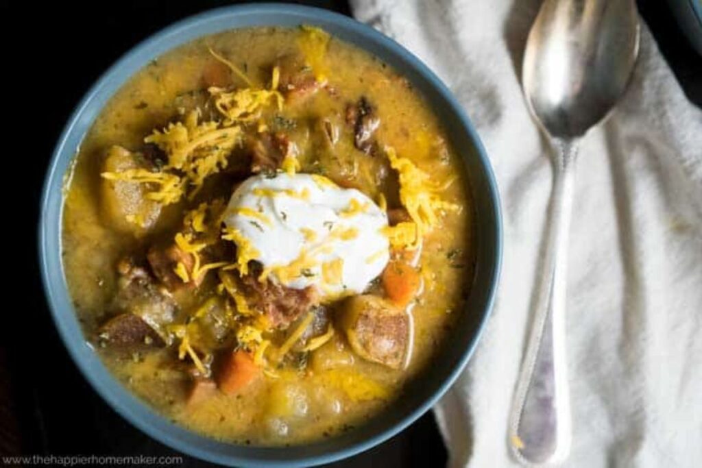 Slow Cooker Ham Potato Bacon Soup by The Happier Homemaker