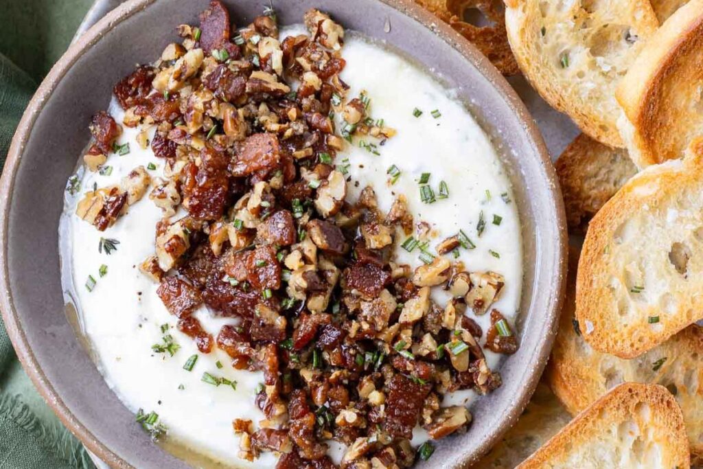 Whipped Goat Cheese with Candied Bacon Pecans by Evolving Table
